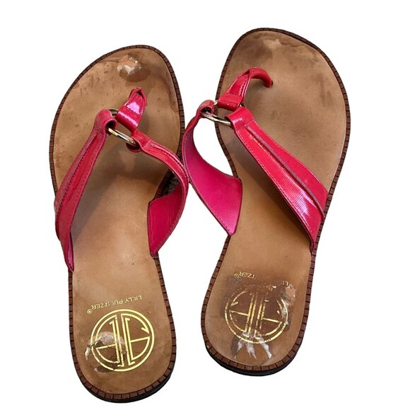 LIlly Pulitzer McKim Size 9 Pink Strappy Thong Sandals Gold Ring - Picture 5 of 5